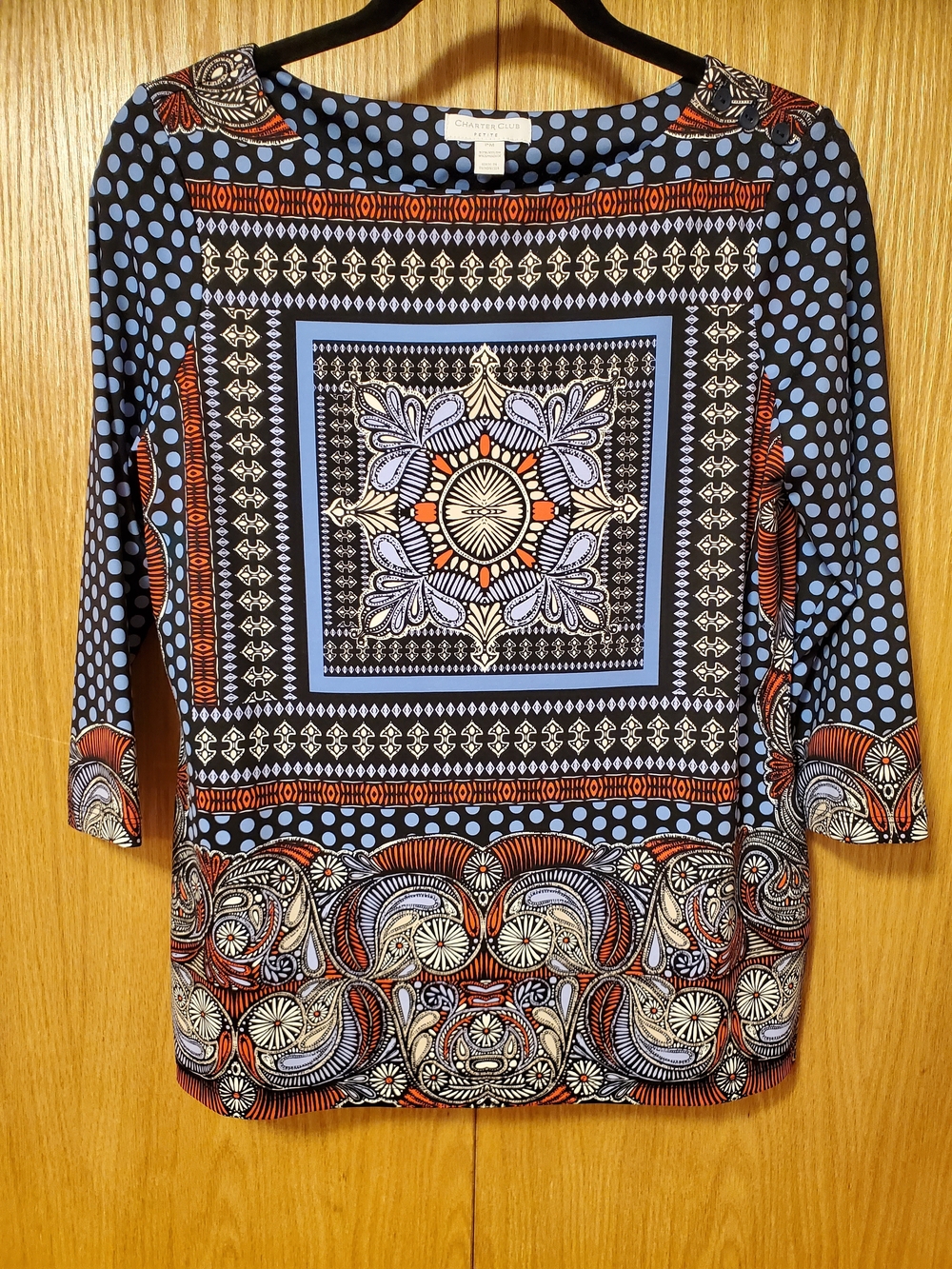 Charter Club Black, Blue & Orange Patterned Scoop Neck Blouse